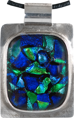 Blue and green Dichroic Glass Sterling Rectangle- Lock of Hair & Cremains