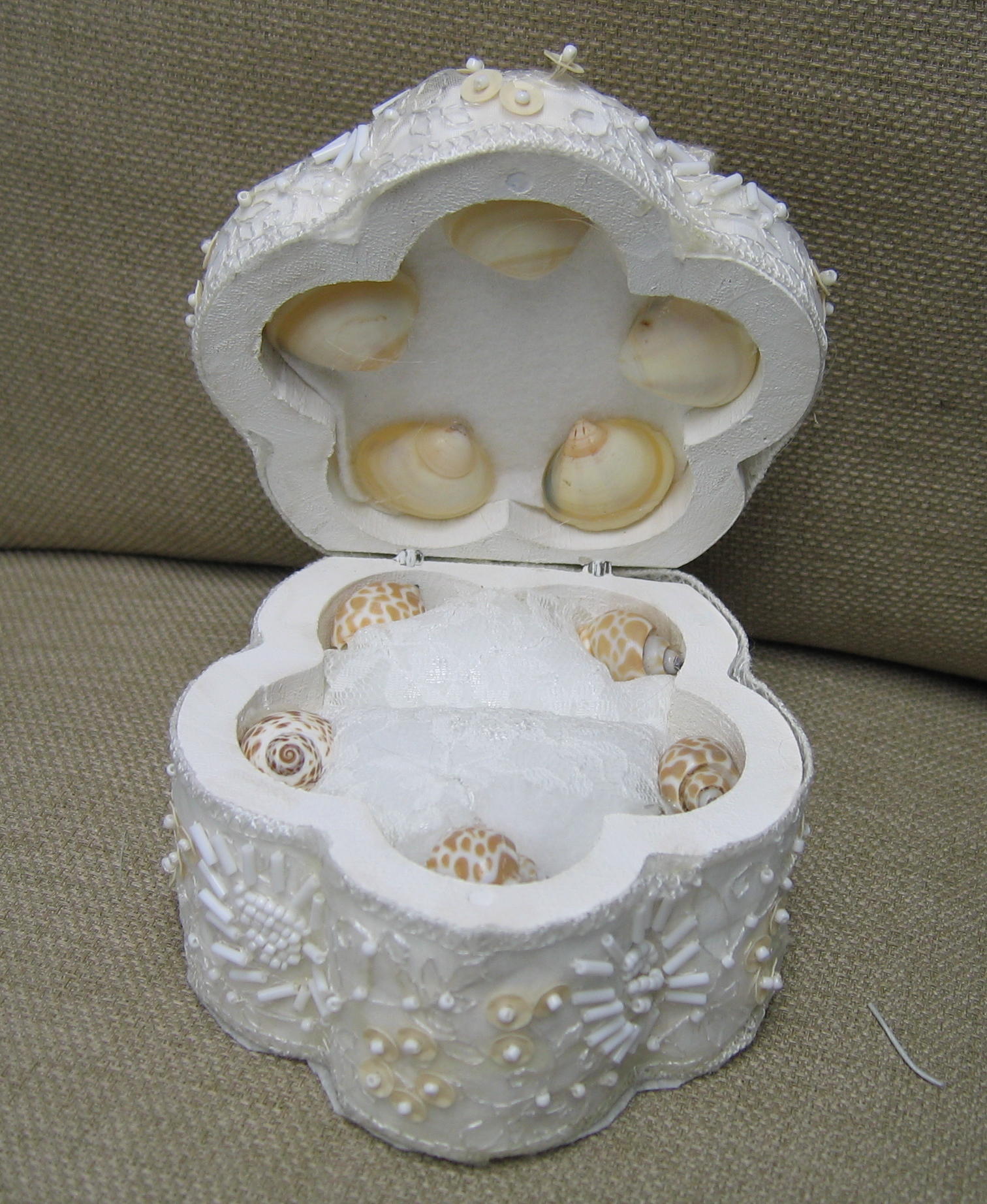 open lace and sea shell wedding ring box