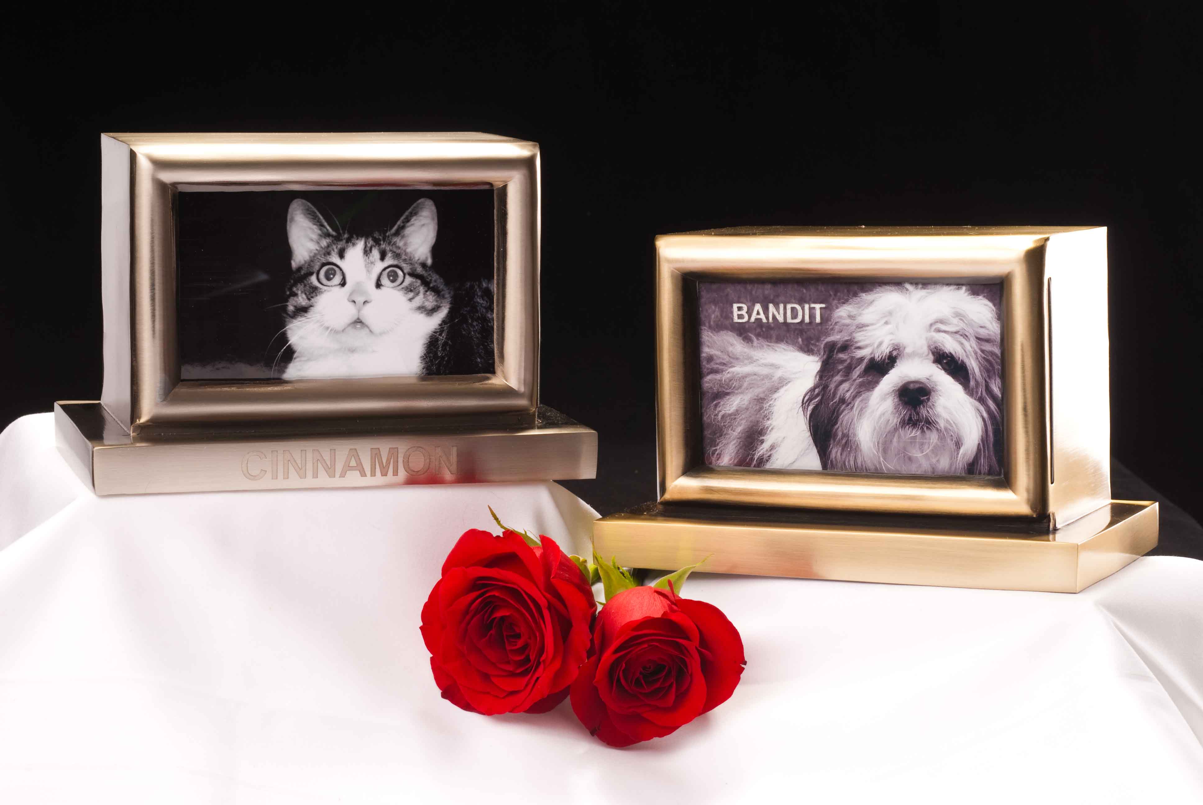 Brushed nickel and antique bronze photo pet urns