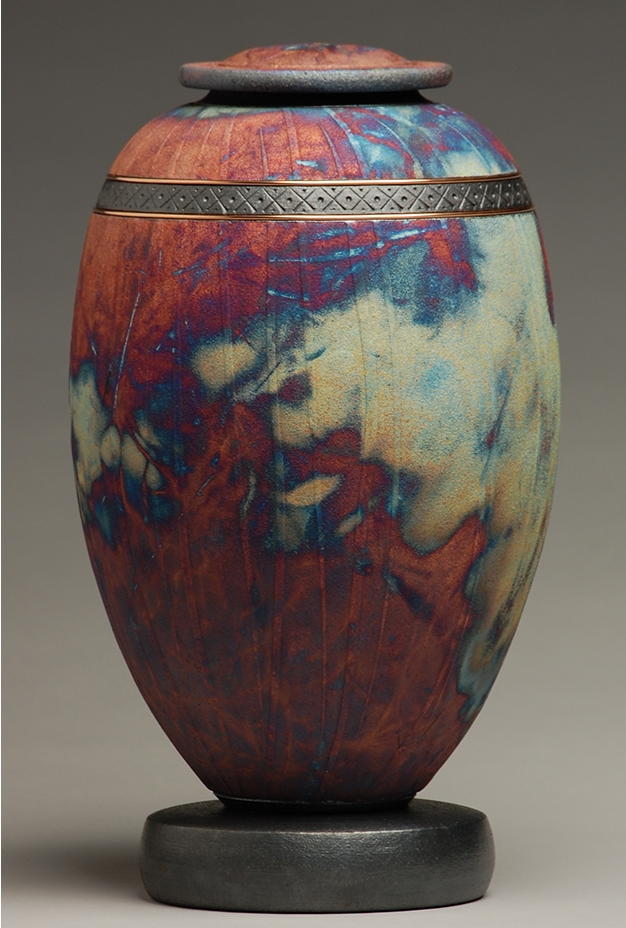 copper and blue raku urn