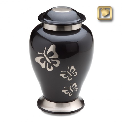 black keepsake urn with pewter butterflyswith pewter butterfly design