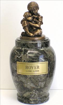 Friends Forever Large Marble Dog Urn with bronze sculpture of a Boy holding a puppy