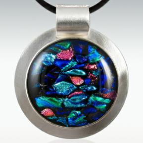 Pink and Blue Dichroic Glass Sterling Round cremation pendant