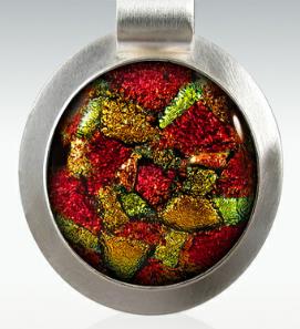 Green and red Dichroic Glass Sterling Round cremation pendant
