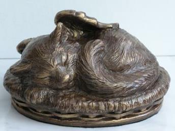 Bronze angel cat in basket urn