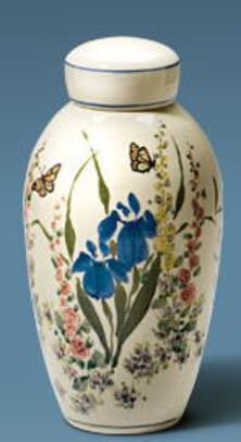 Hand painted flower garden on ceramic cremation urn