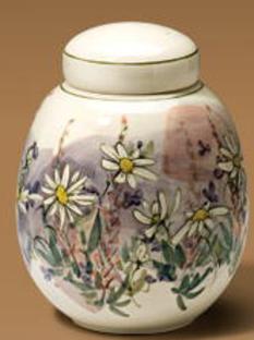 hand painted daisies on handmade ceramic cremation urn