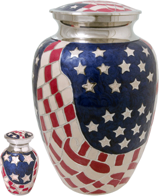 American flag decorated cremation urn