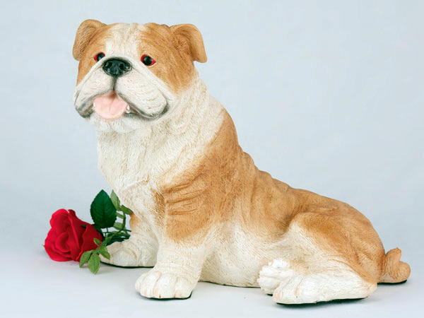 tan and white bulldog urn