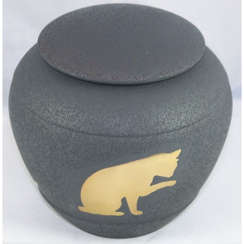 blue ceramic cat urn with gold cat images