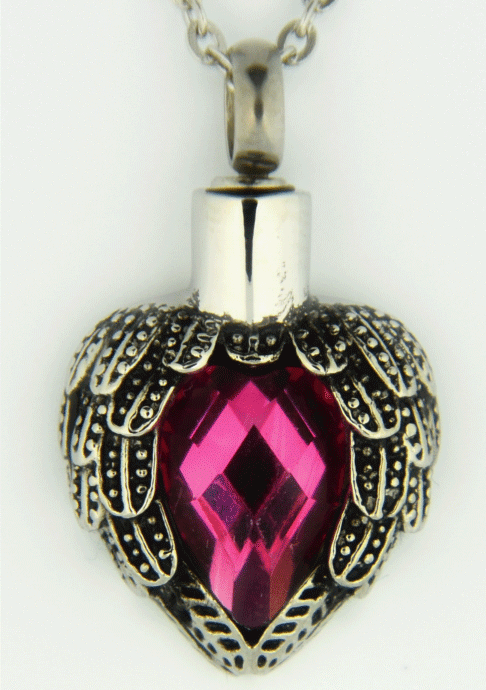 Angel wings cremation pendant with pink glass stone