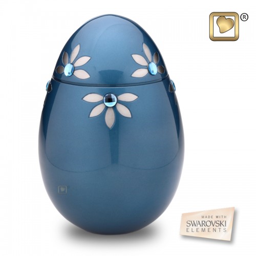 blue egg shaped cremation urn withpewter daisy and stone