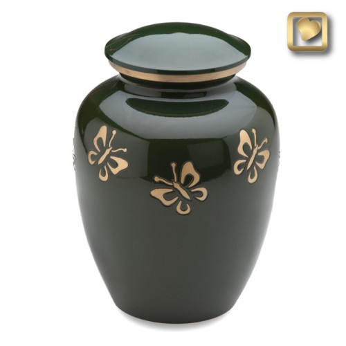 green brass urn with butterflies