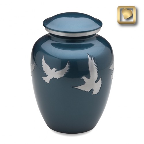 blue brass urn with doves