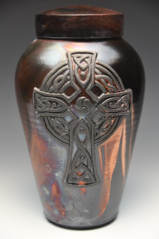 Celtic cross copper raku urn