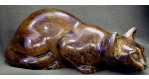unique bronze calico cat urn laying down