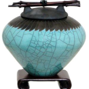 Feather Top Turquoise  Blue Raku Urn