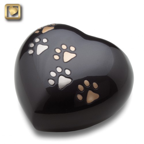 Black paw print heart urn