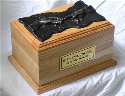 Oak and Bronze Hand of God cremation urn