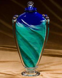 Blue and green hand blown cremation urn