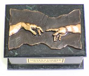Green Marble Bronze Plaque hand of God cremation urn