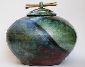 Round Raku Urn with Diagolal Stripes