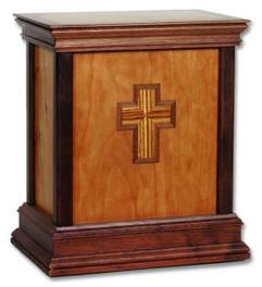 wood urn with cross