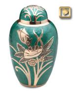 green brass keepsake urn with gold flowers