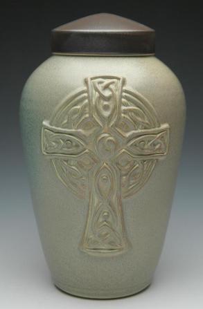 Celtic cross Jade green ceramic urn