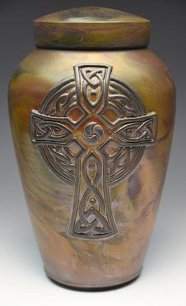 Celtic cross gold raku urn