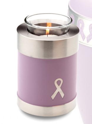 votive candle urn in pink with ribbon for the cure