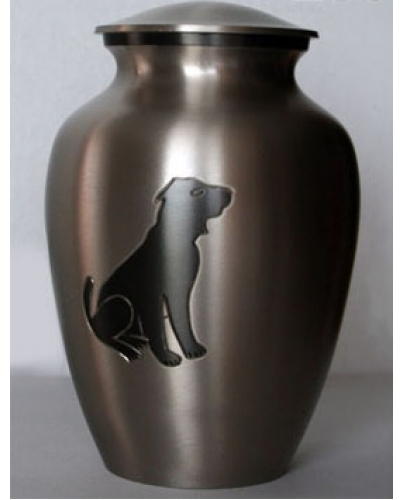 metal urn with dog silowett